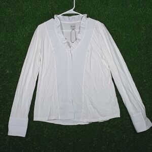 NIC+ZOE Womens White Button Front Ruffle Collar Long Sleeve Top Sz L Minimalist